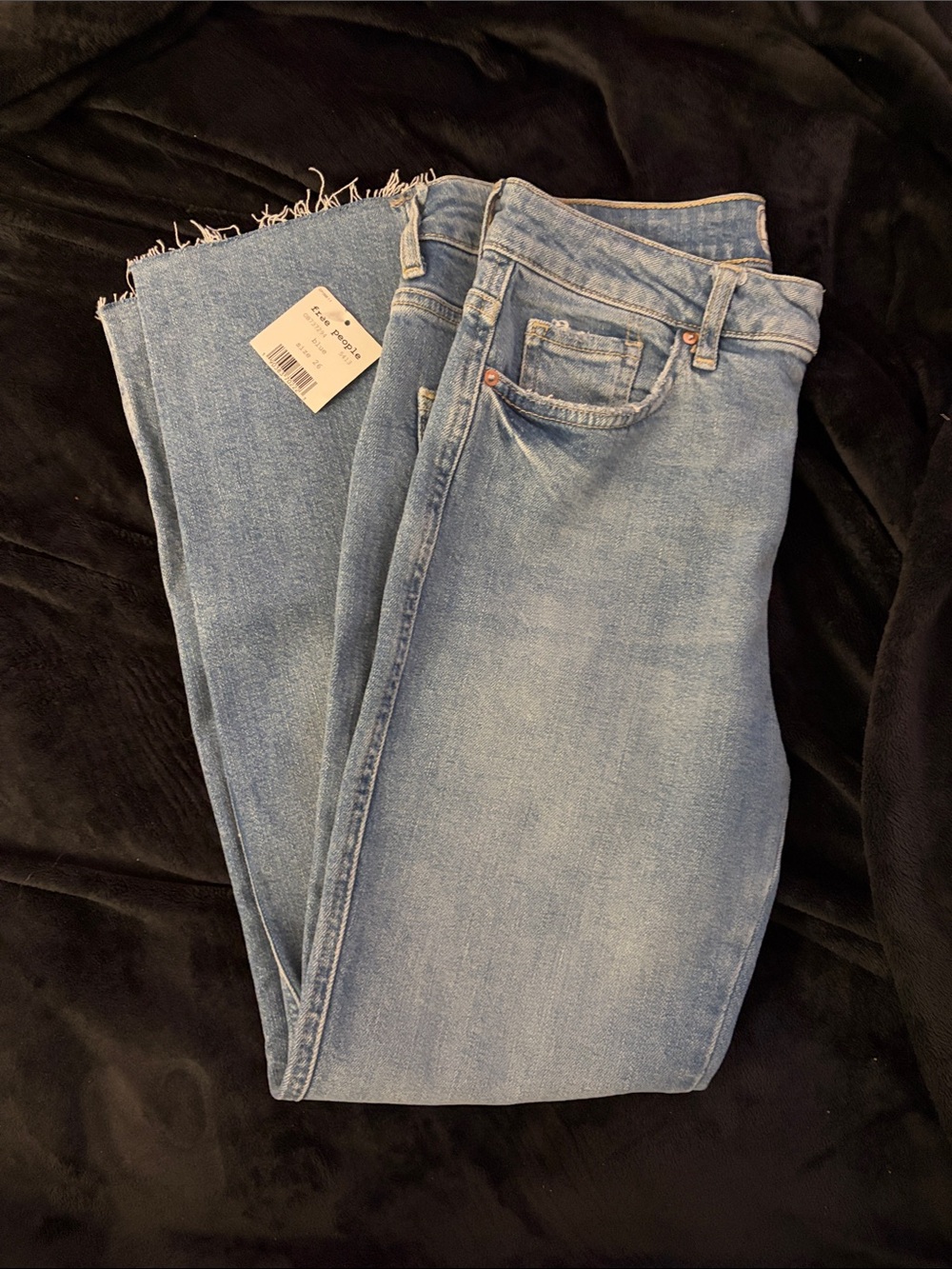 Free People Light Blue Straight Leg Jeans with Frayed Hem